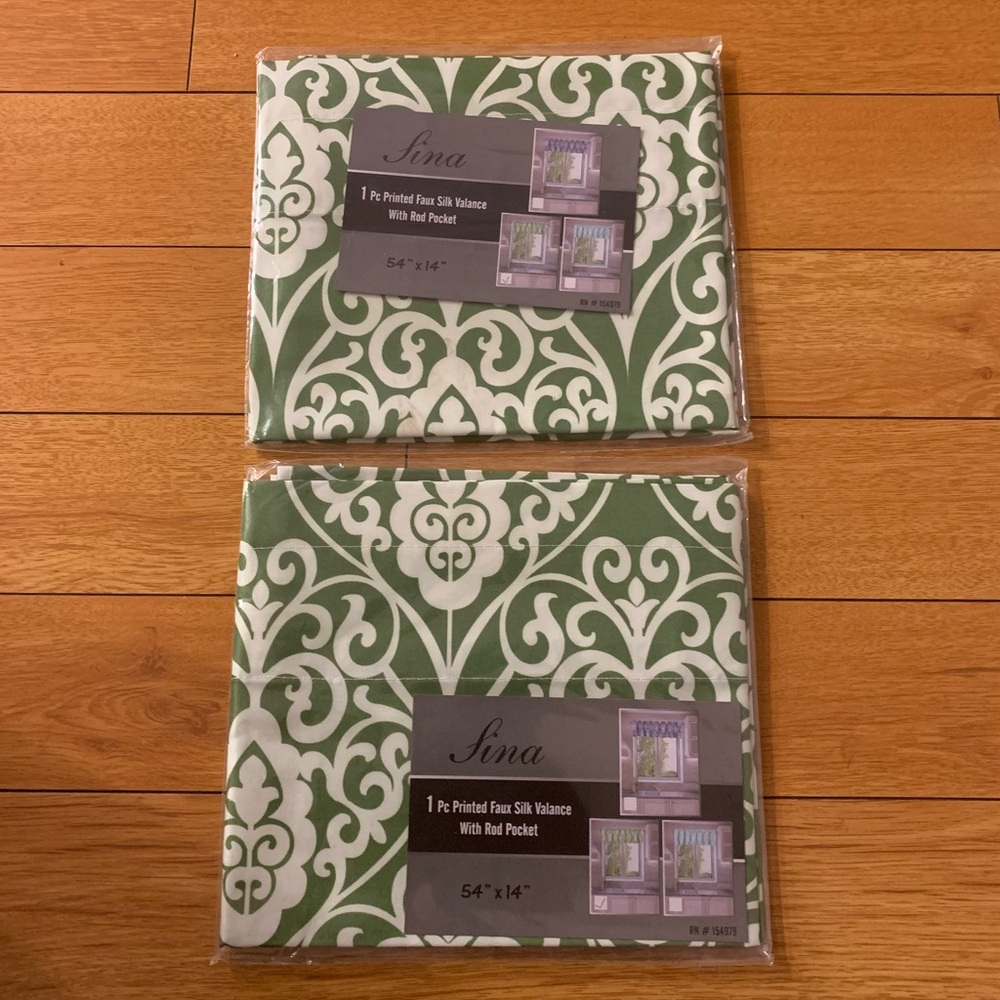 Green and White Faux Silk Valance, 
54” x 14”. 2 Piece | New in Package